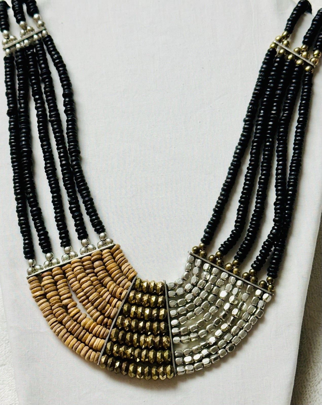 Black Brown White Bead Multi Strand Cleopatra Style Collar Necklace n980
