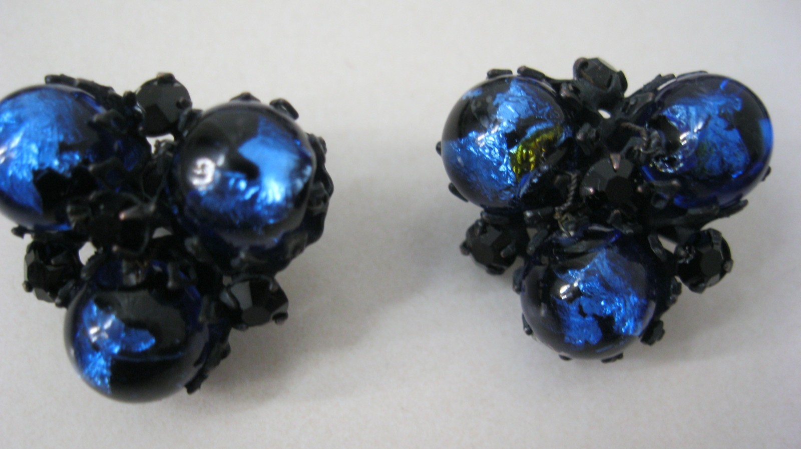 Josef Morton Blue, Black Art Glass Beads 2 Strands Necklace & Clip Earrings Set