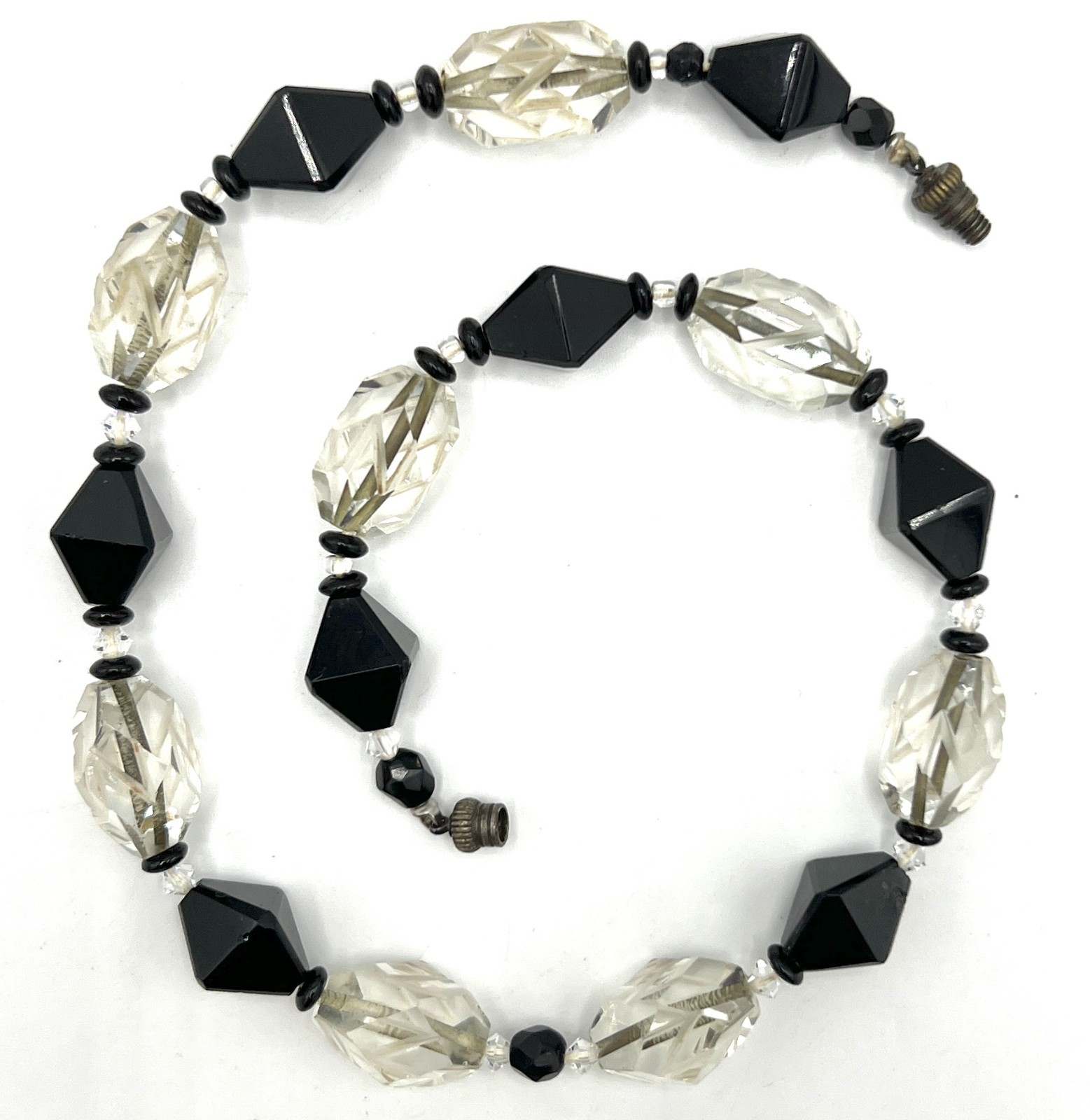 1920s Black & Clear Beveled Glass Bead Necklace Vintage Beads Later Assembled