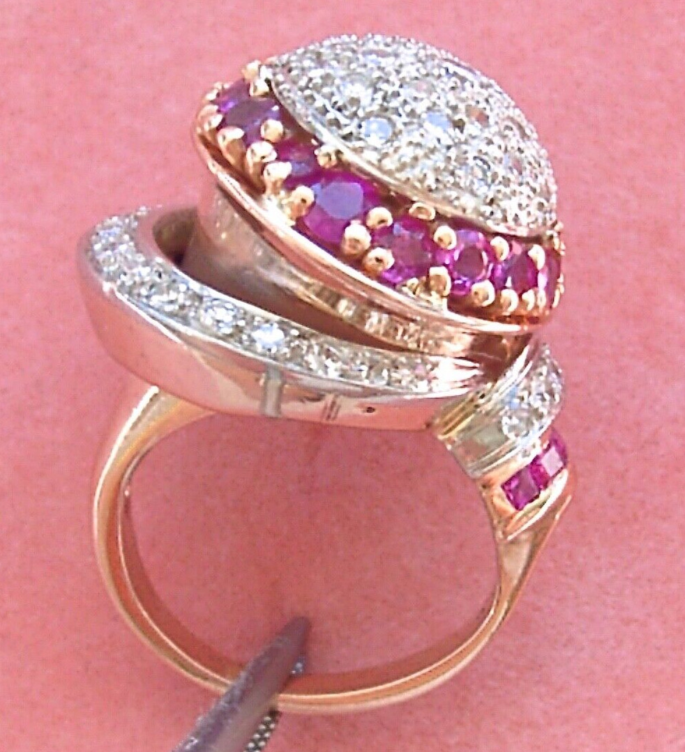 VINTAGE RETRO 1.38ctw DIAMOND 1.23ctw RUBY ATOMIC SPACE COCKTAIL PINKY RING 1940