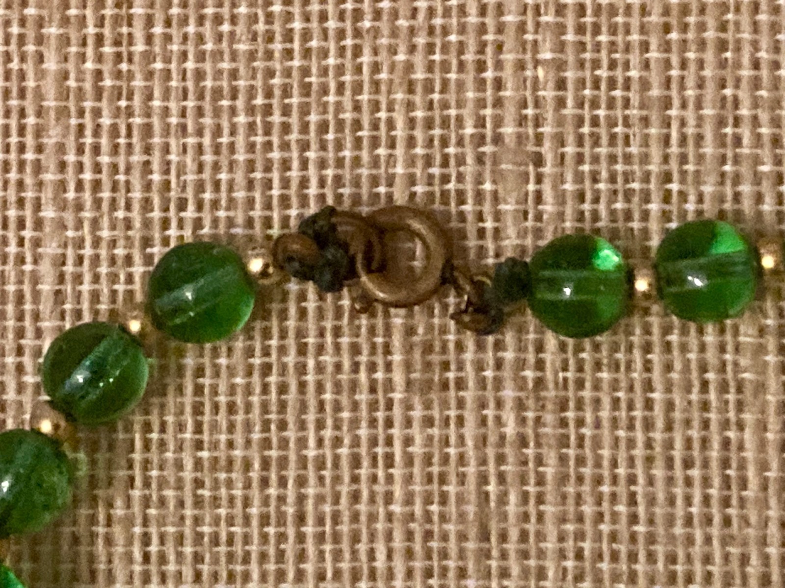 Vintage Glass Beaded Necklace Green Gold Tone 59″ Flapper