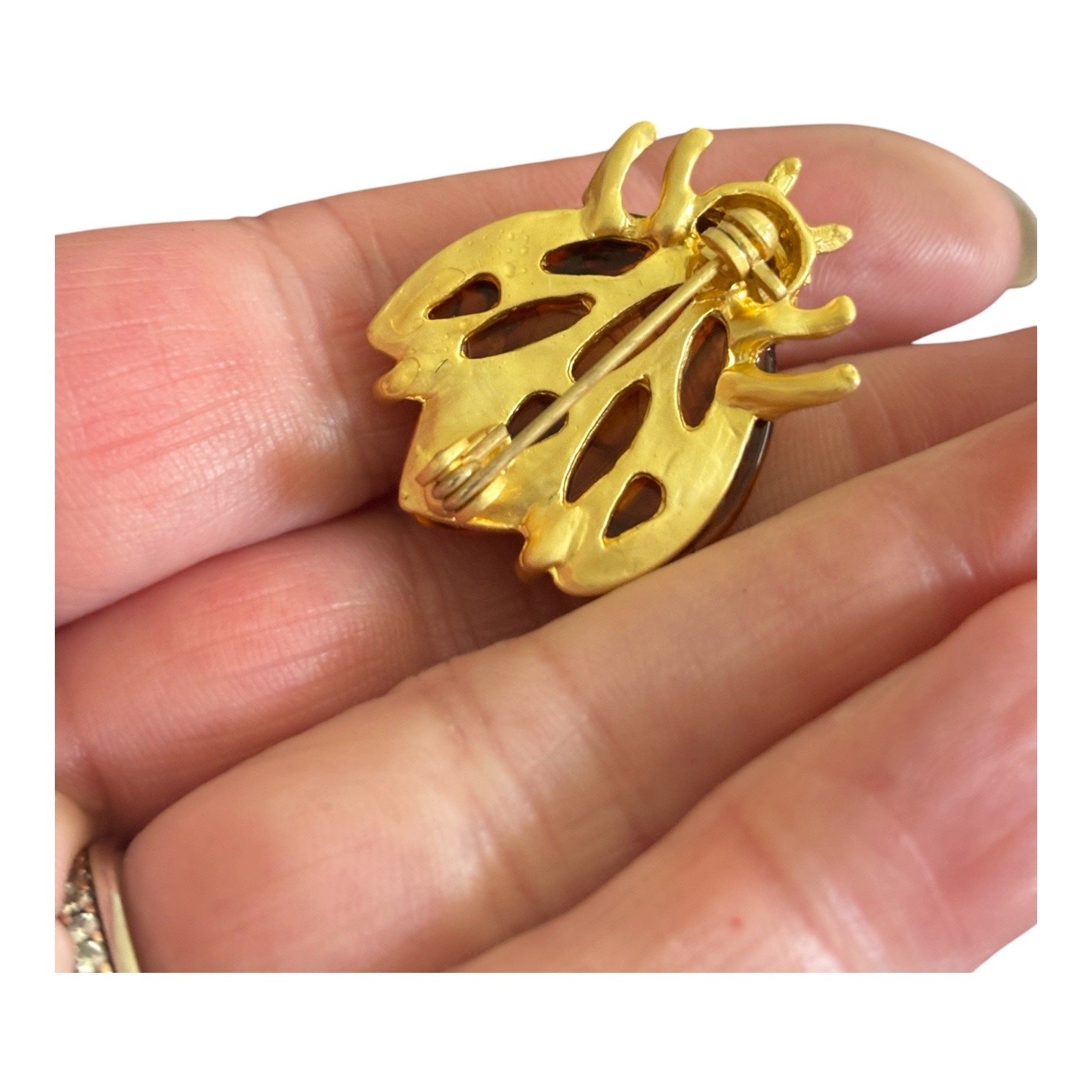 Honey Amber Ladybug Brooch & Pin Set Lucite Beetle Bug 80s Gold Tone