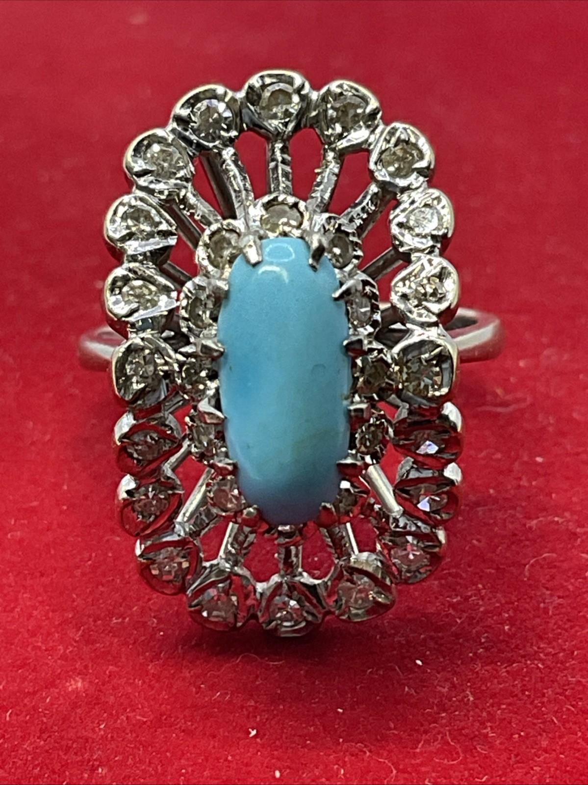 Ladies Ring Solid 18K W.Gold Turquoise & Diamond UNUSUAL DESIGN VINTAGE HANDMADE