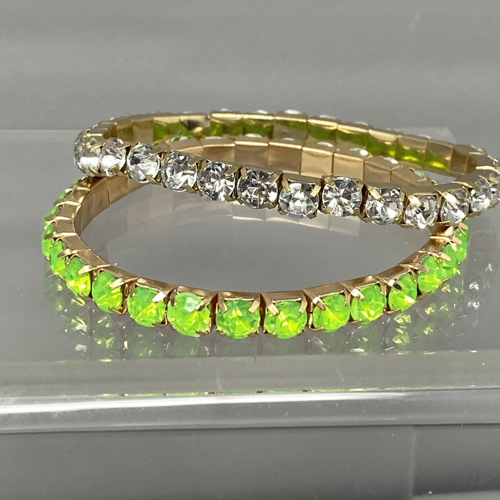 Rhinestone Stretch Bracelet Lime Green Clear Acrylic Prong Set Gold Tone 7″