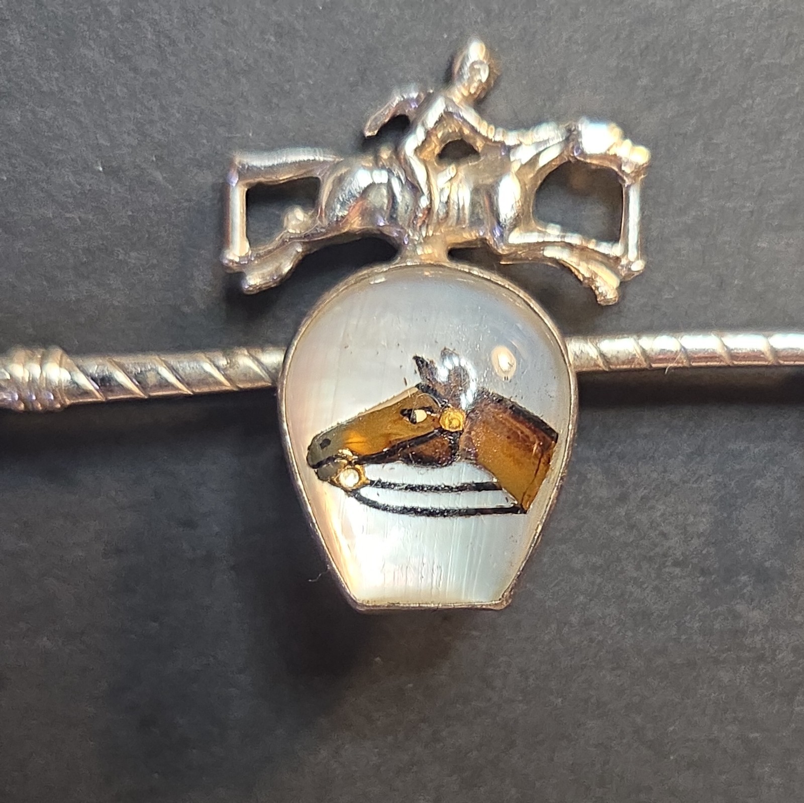 Antique 1900’s AMCO .925 Sterling Silver Hand Painted Horse and Jockey Brooch