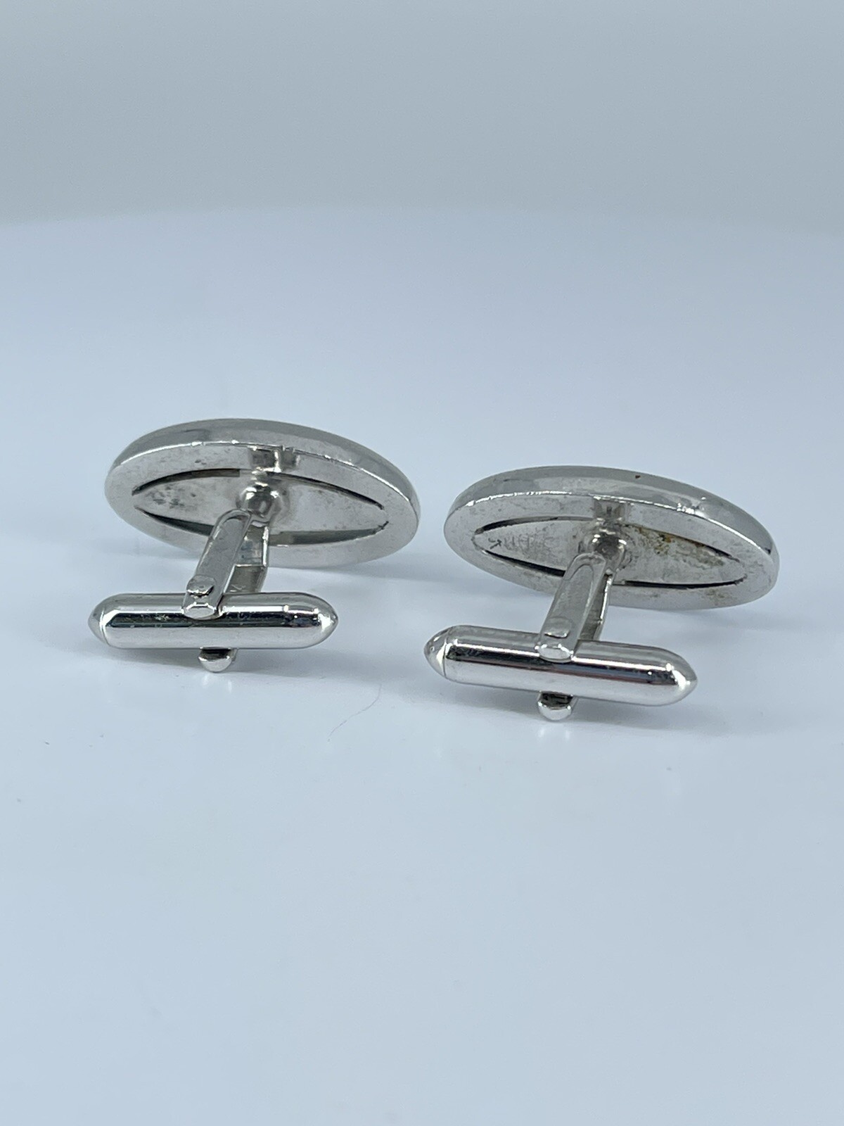 Vintage Swank hematite cufflinks long oval open silver tone design 3/4″