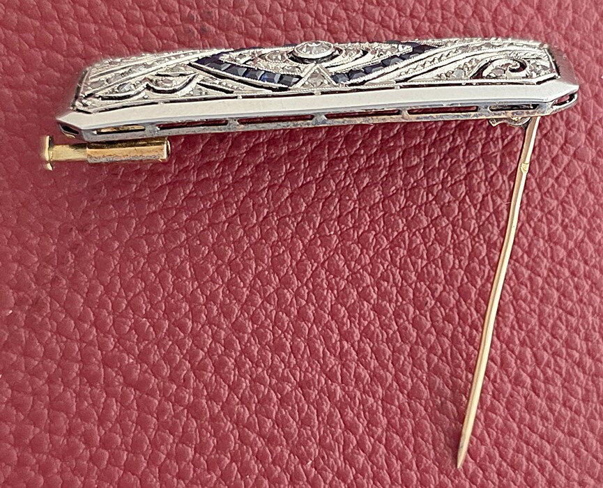 Antique Old European Cut Diamond & Blue Sapphire Platinum & 14K Gold Pin/Brooch