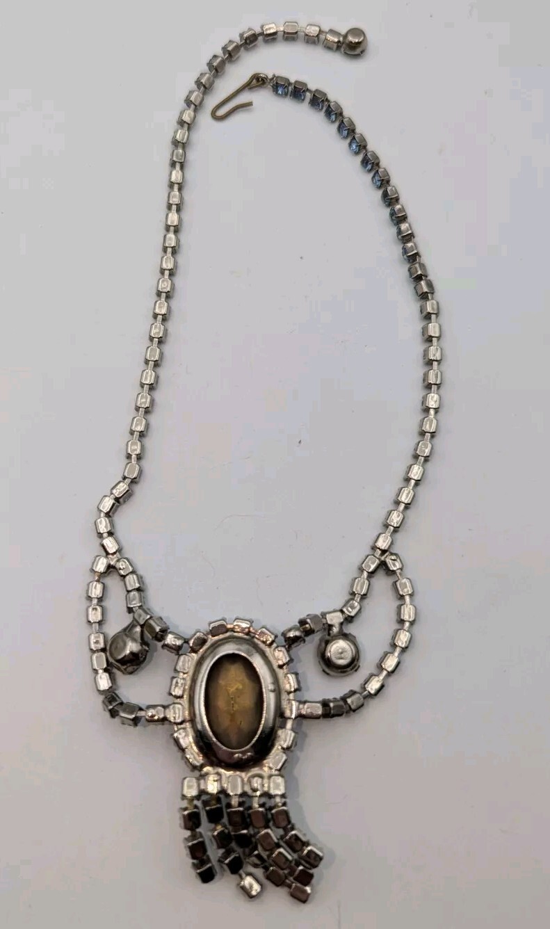 Vintage Vibrant Peacock Blue Violet Prong Set AB Rhinestone Silver Necklace