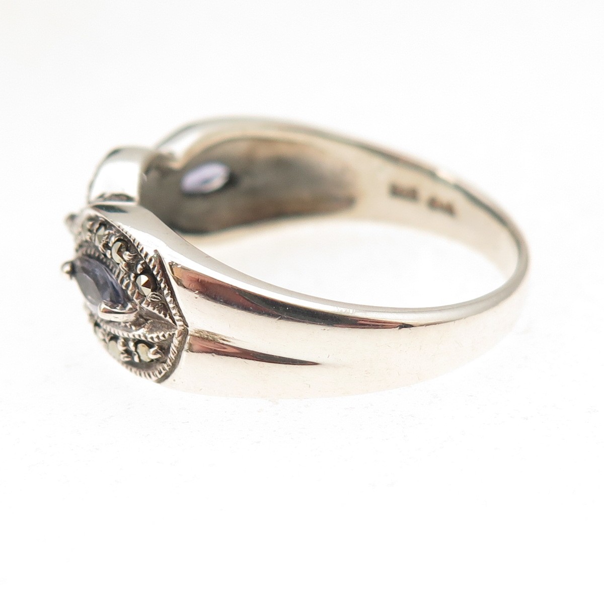 CNA Pranda Sterling Silver Vintage Real Iolite & Marcasite Oxidized Ring Size 9