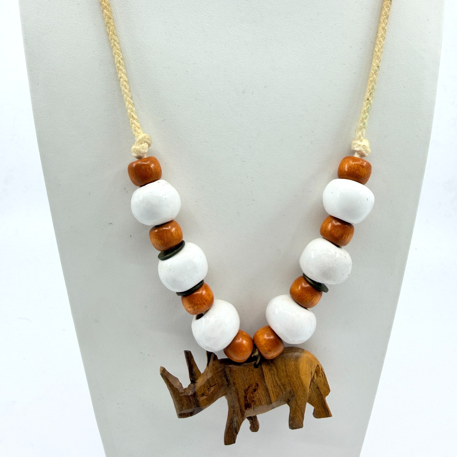 Vintage Carved Wood Rhinoceros Pendant Necklace Boho Ceramic Bead Cord 80s