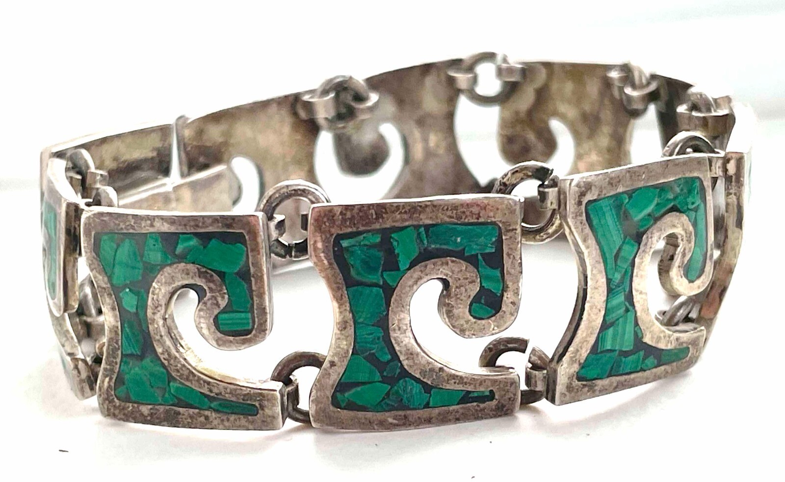 VTG Mexico Bracelet Sterling Malachite Chip Large Wrists 8″ 64g Modernist 1940s