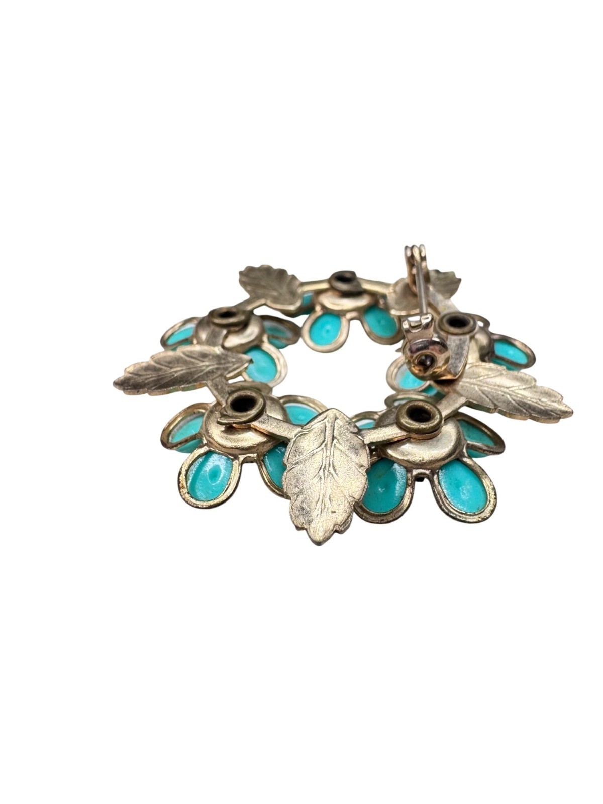 Unsigned Brooch Teal Acrylic Flower Wreath Crystal Gold Tone Floral 1960s Vintag