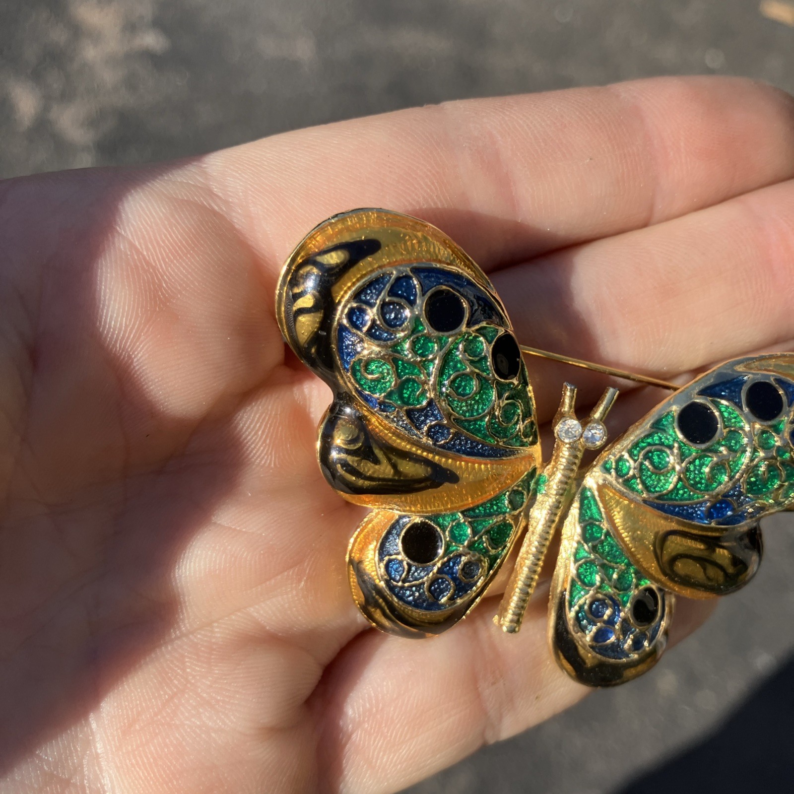 Gorgeous Gold Tone Pierced Butterfly Pin Rhinestones & Enamel Gold Gems