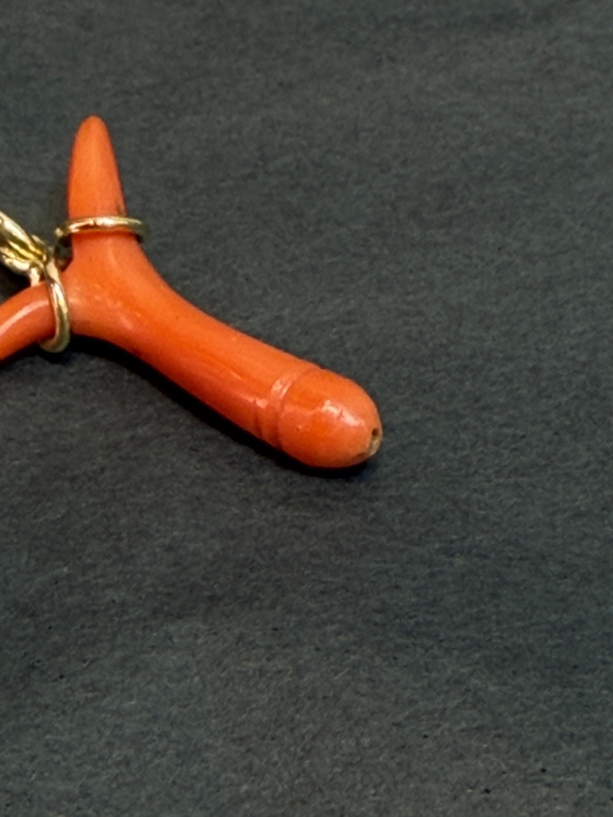 19c. Victorian 14k Gold Red Undyed Coral Phallus Fertility Amulet Fob Pendant
