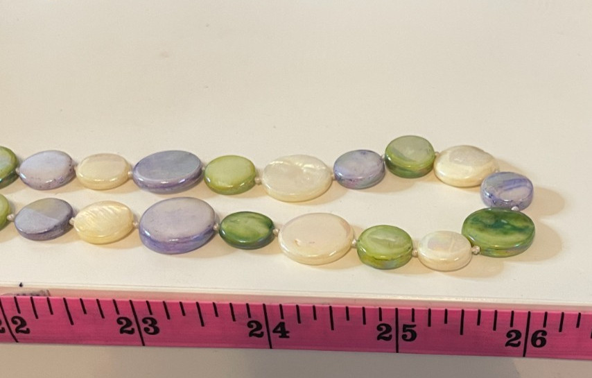 Mother of Pearl Long Necklace Round Disc Ivory Green Purple Knotted Spring 52″