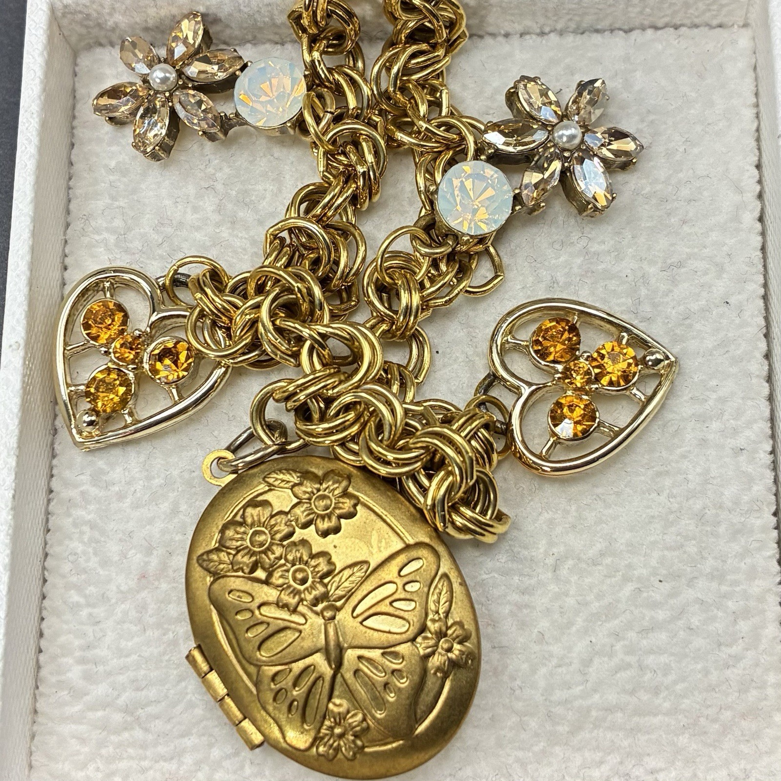 Charm Necklace OoaK, With Vintage Hearts, Flowers & Butterfly Locket, Adjustable