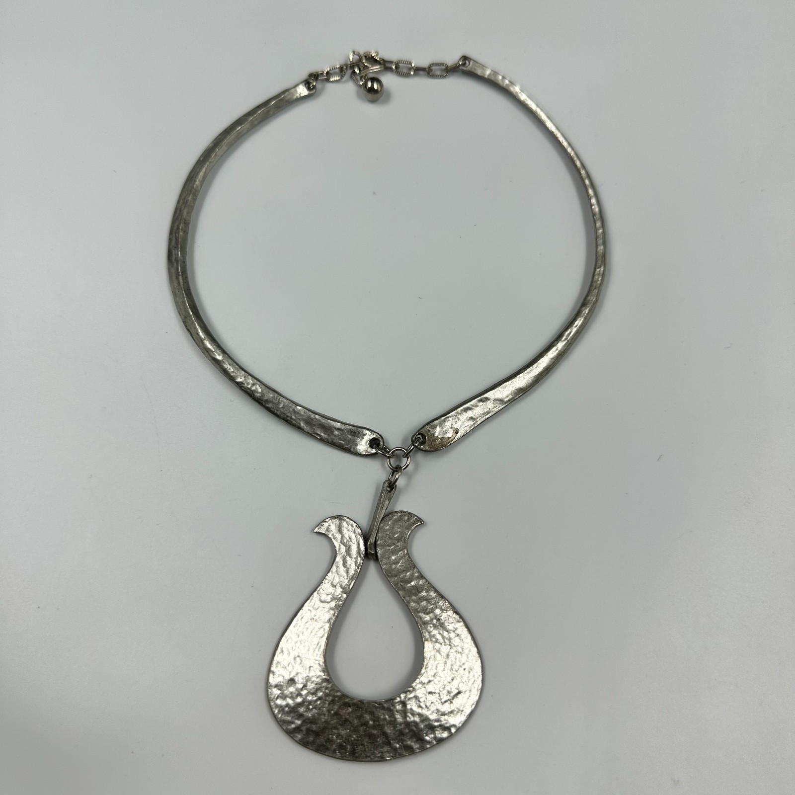 Vintage Robert Zentall Choker Necklace Silver Tone Hammered Modernist Pendant