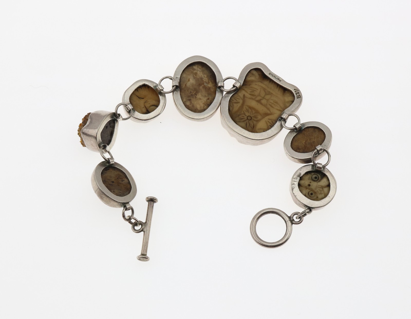 Amy Kahn Russell Sterling Silver Carved Stone Mixed Media Bracelet