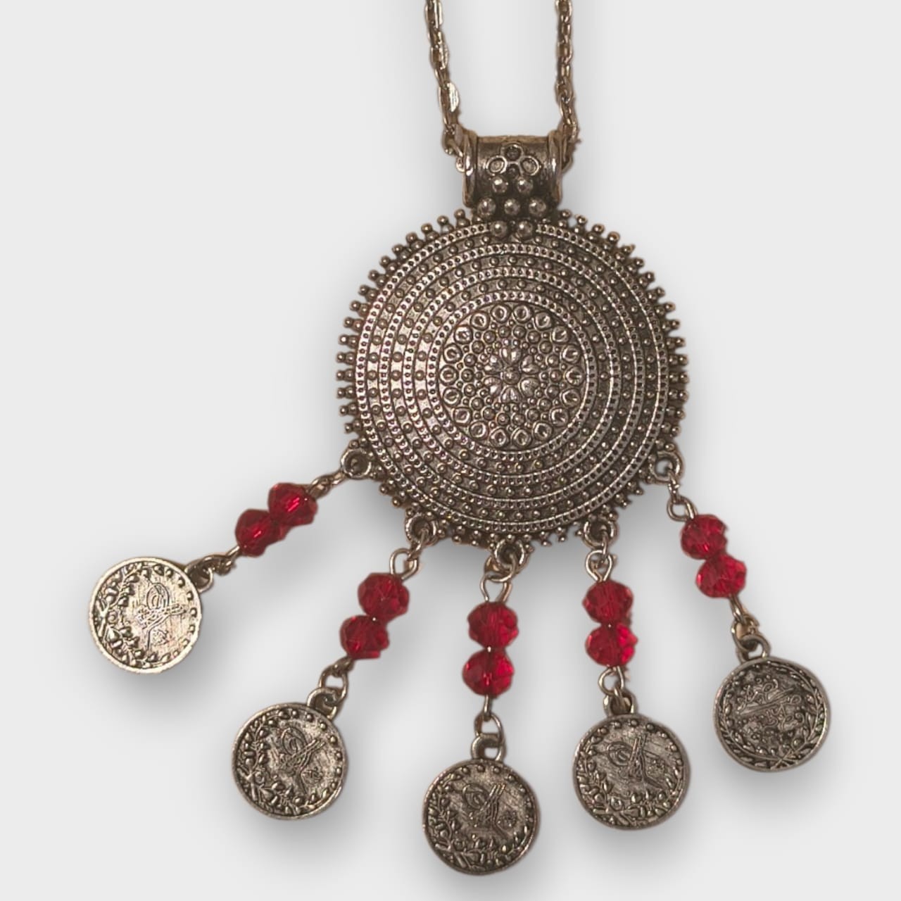 Vintage Silver ToneBoho Ethnic Necklace Coins Pendant Red Beads Womens Jewelry