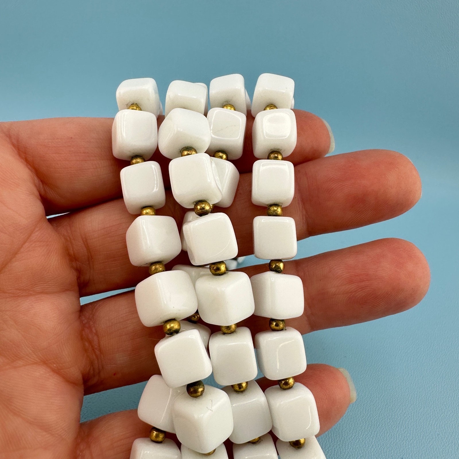 Vintage White Milk Glass Necklace Double Strand Square Shape Bead Retro Mod 18″