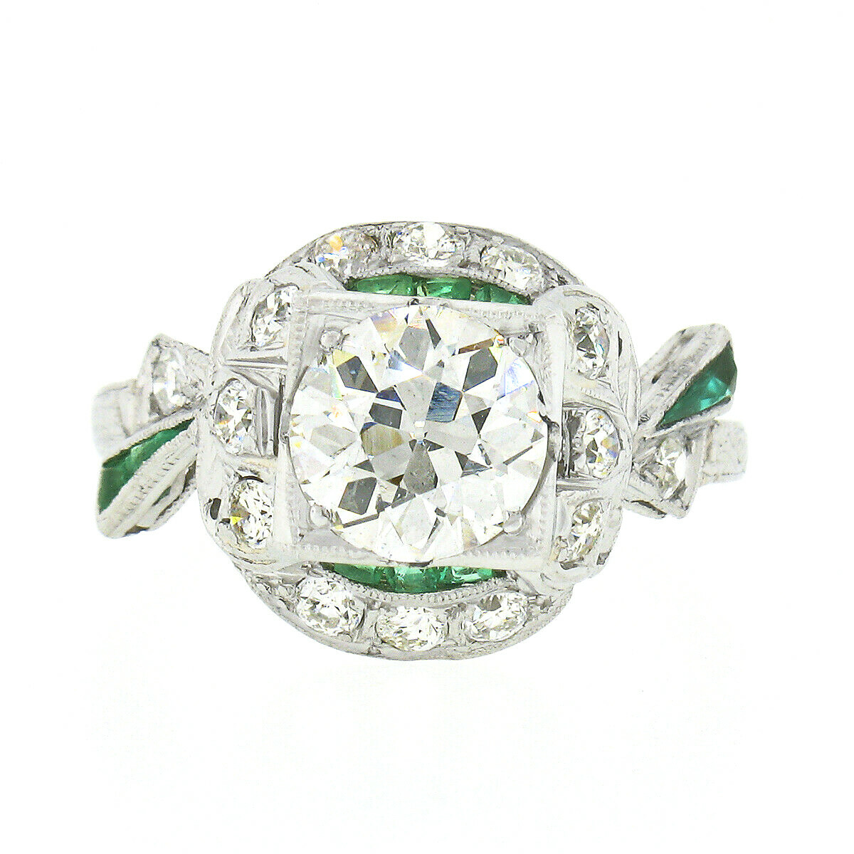 Antique Art Deco Platinum Old European Diamond & Emerald Ribbon Engagement Ring