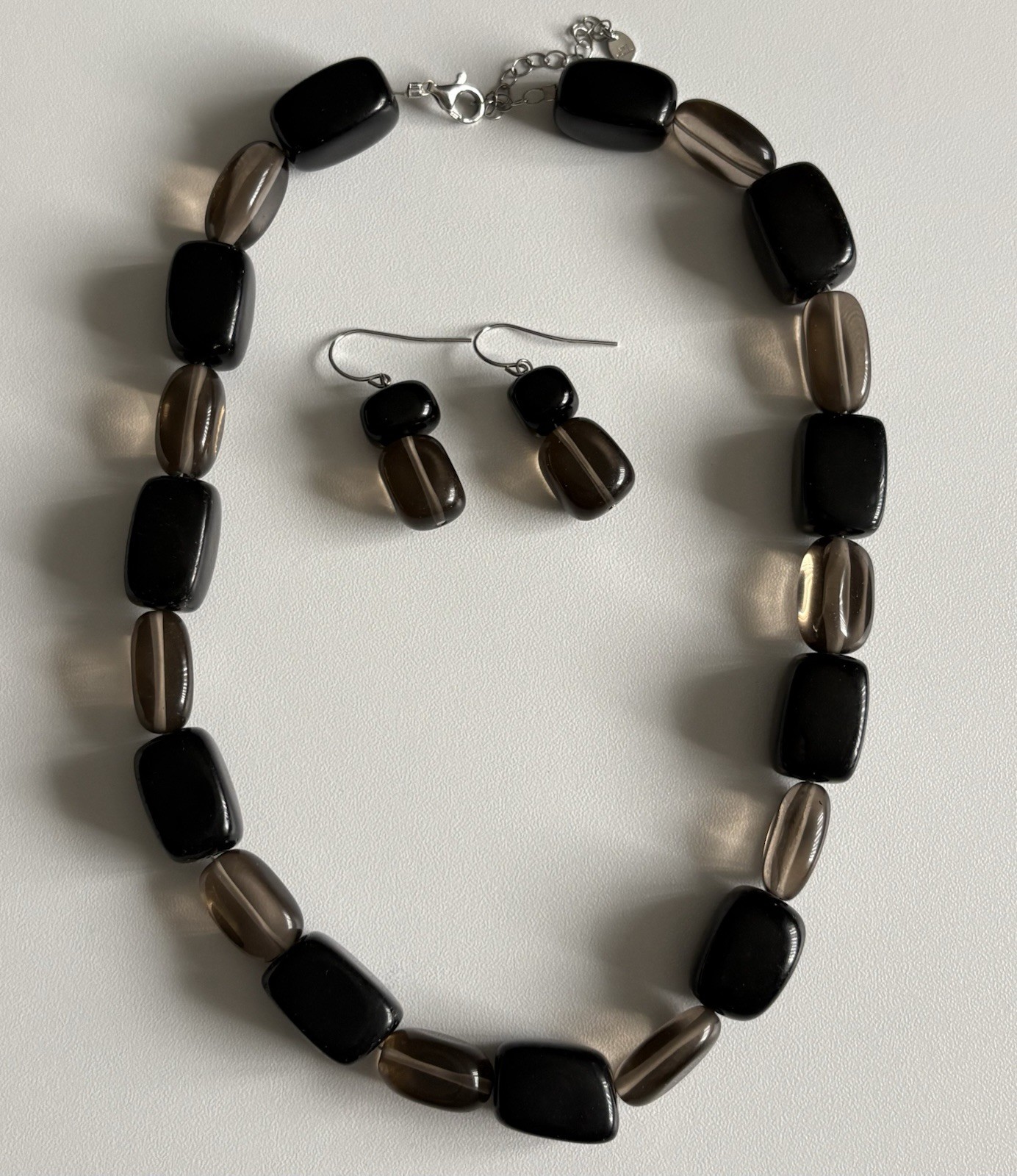 VTG Black & Clear Brown Chunky Glass Necklace Earrings Jewelry Set 925 ATI 106g