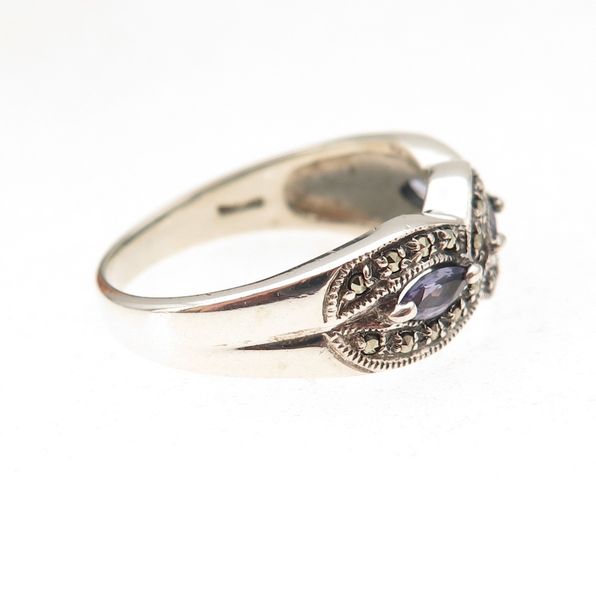 CNA Pranda Sterling Silver Vintage Real Iolite & Marcasite Oxidized Ring Size 9