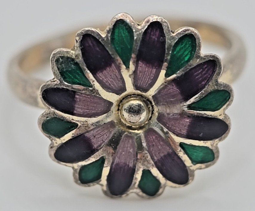 Vtg 1940s Mexico 980 Silver Enamel Flower Ring – Pre-Eagle Spratling Era – 6.5
