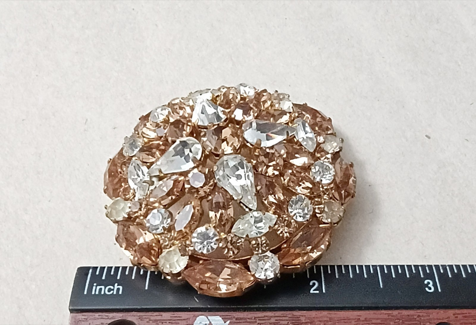 Large Vintage Austria Topaz Clear Crystal Round Circle Domed Brooch Pin (nice)