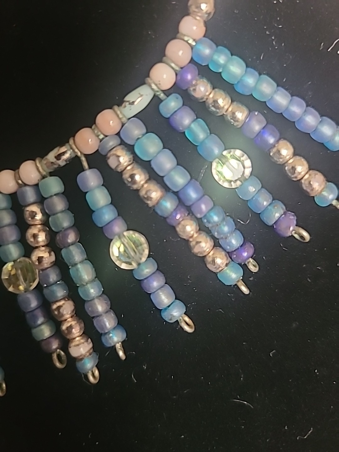 Vintage Artisan Crafted 925 Toggle Side Clasp Tassel Necklace Blue Pinks Silver