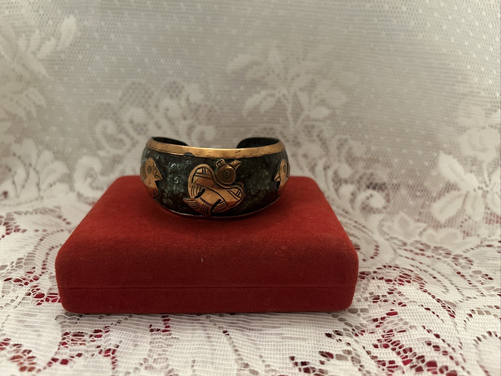 Vintage Copper & Enamel Story Cuff Bracelet With Birds~Safety Clasp