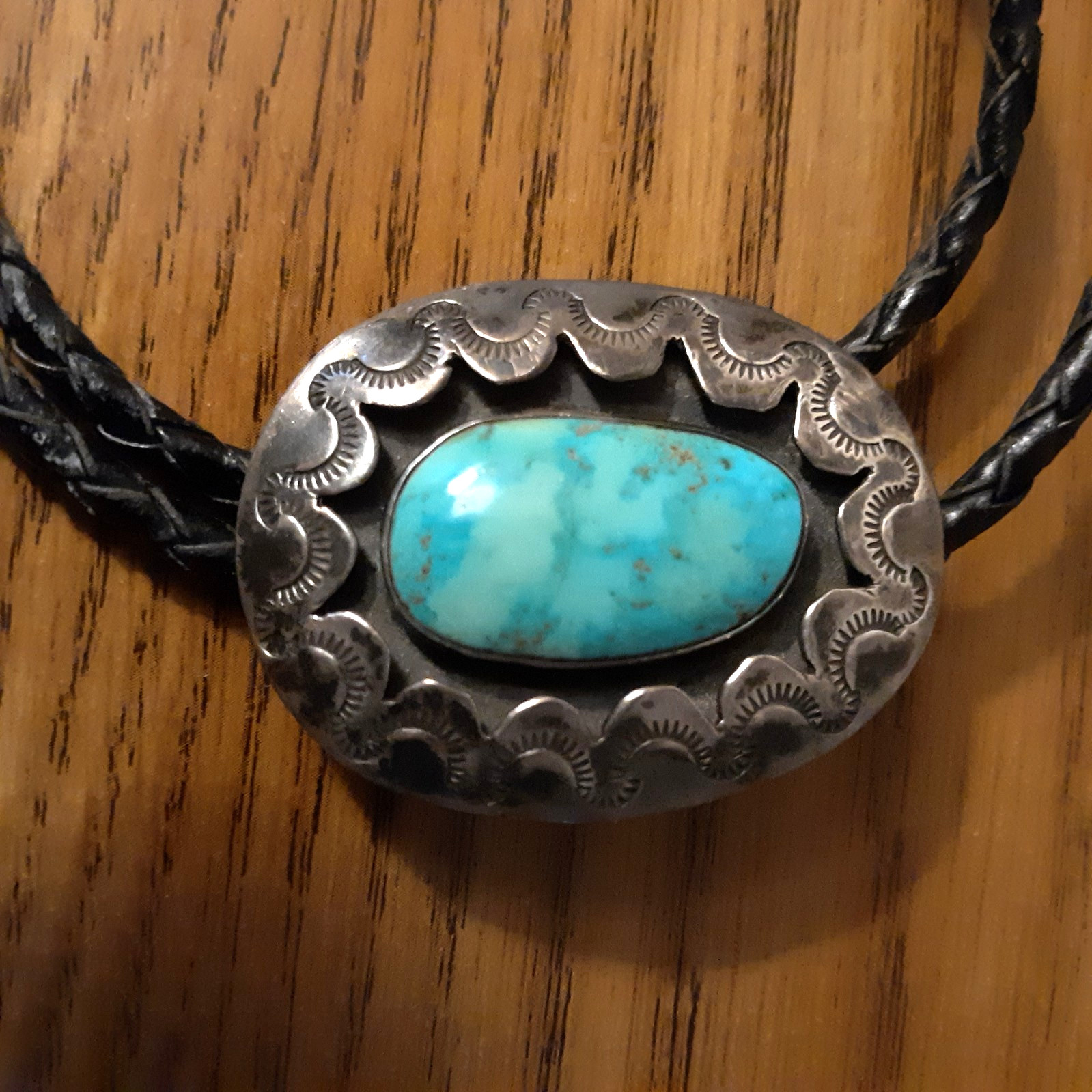 Vtg Bennett Pat Pend Bolo Tie Slide Turquoise Silver Black Leather Cord L 18″