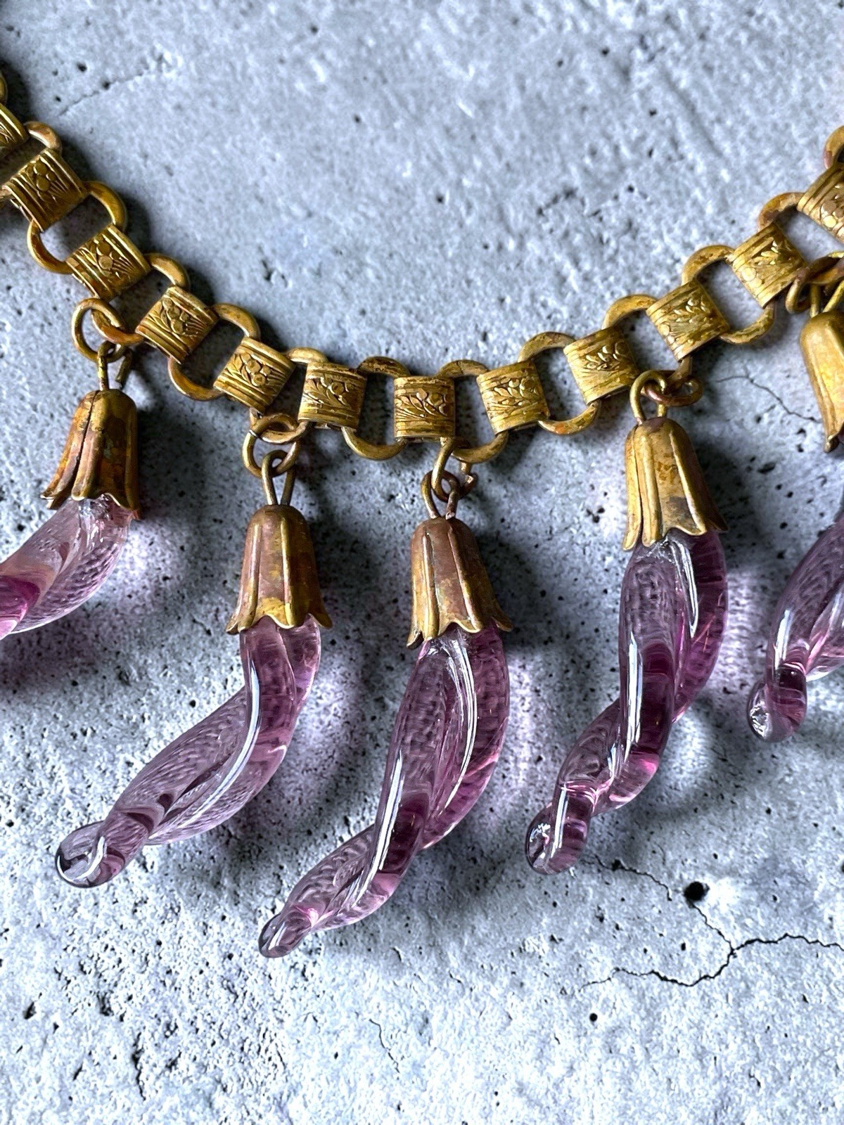 Victorian Book-link Chain Purple Twisted Czech Art Glass Festoon Bib Necklace