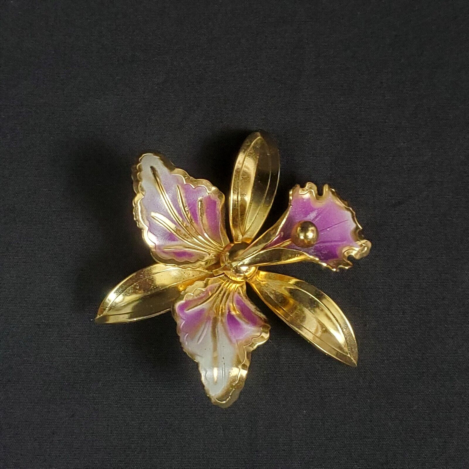 Flower Orchid White Purple Enamel Vintage Gold Brooch Statement Pin Large