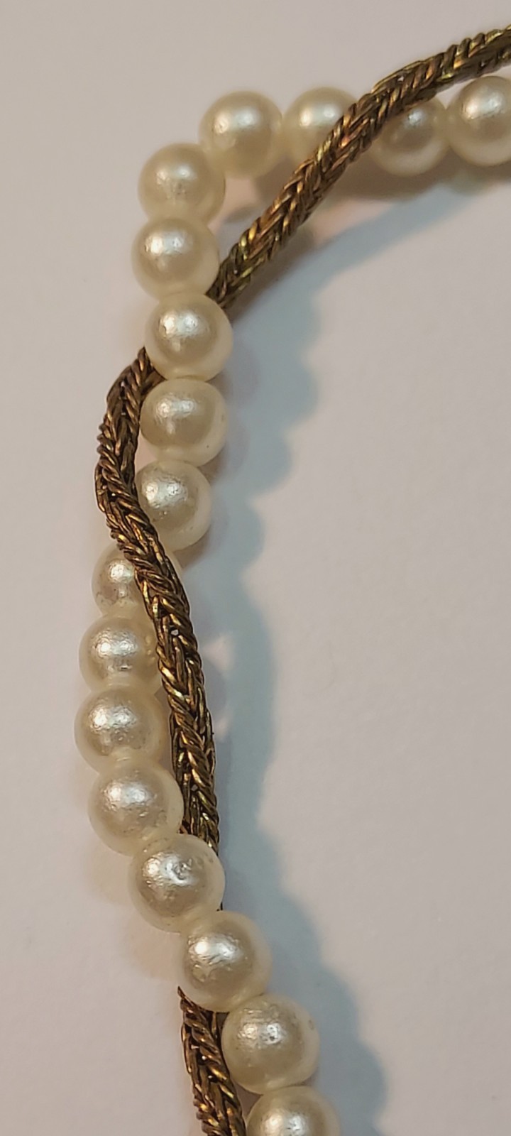 Miriam Haskell Vintage Necklace Faux Pearl Wheat Chain Bronze Tone Signed 34″