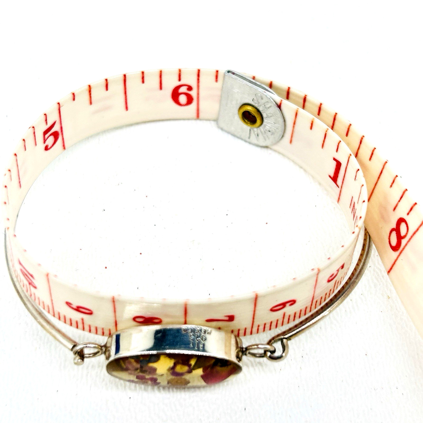 ATI Mexico 925 Sterling Artisan Oval Central Resin Dry Floral Charm Bracelet 6″