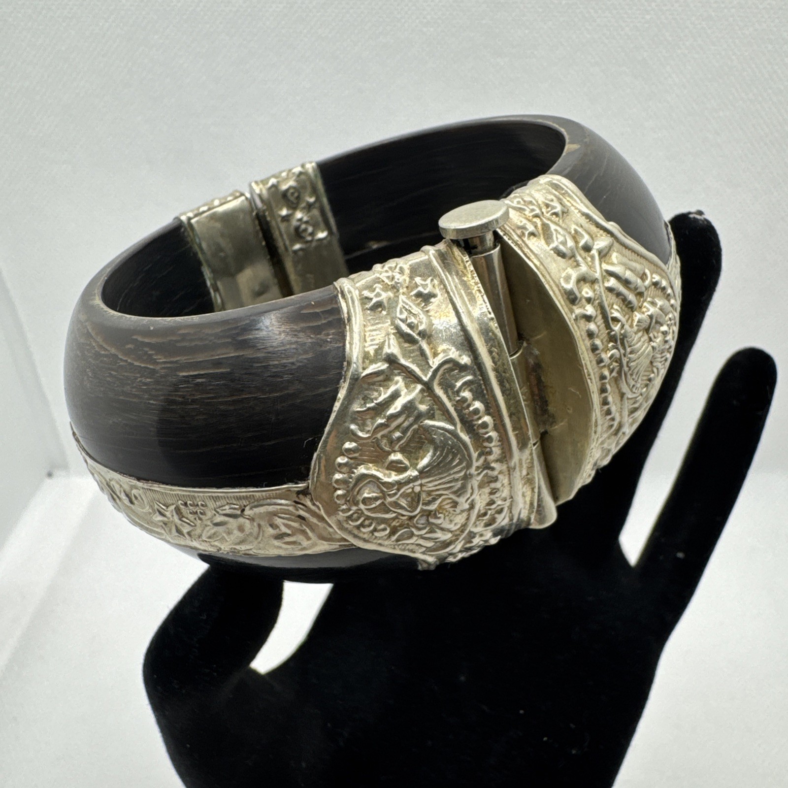 VTG Bone Black Bangle Bracelet with Silver Tone Findings and Trumpet Pin Closure