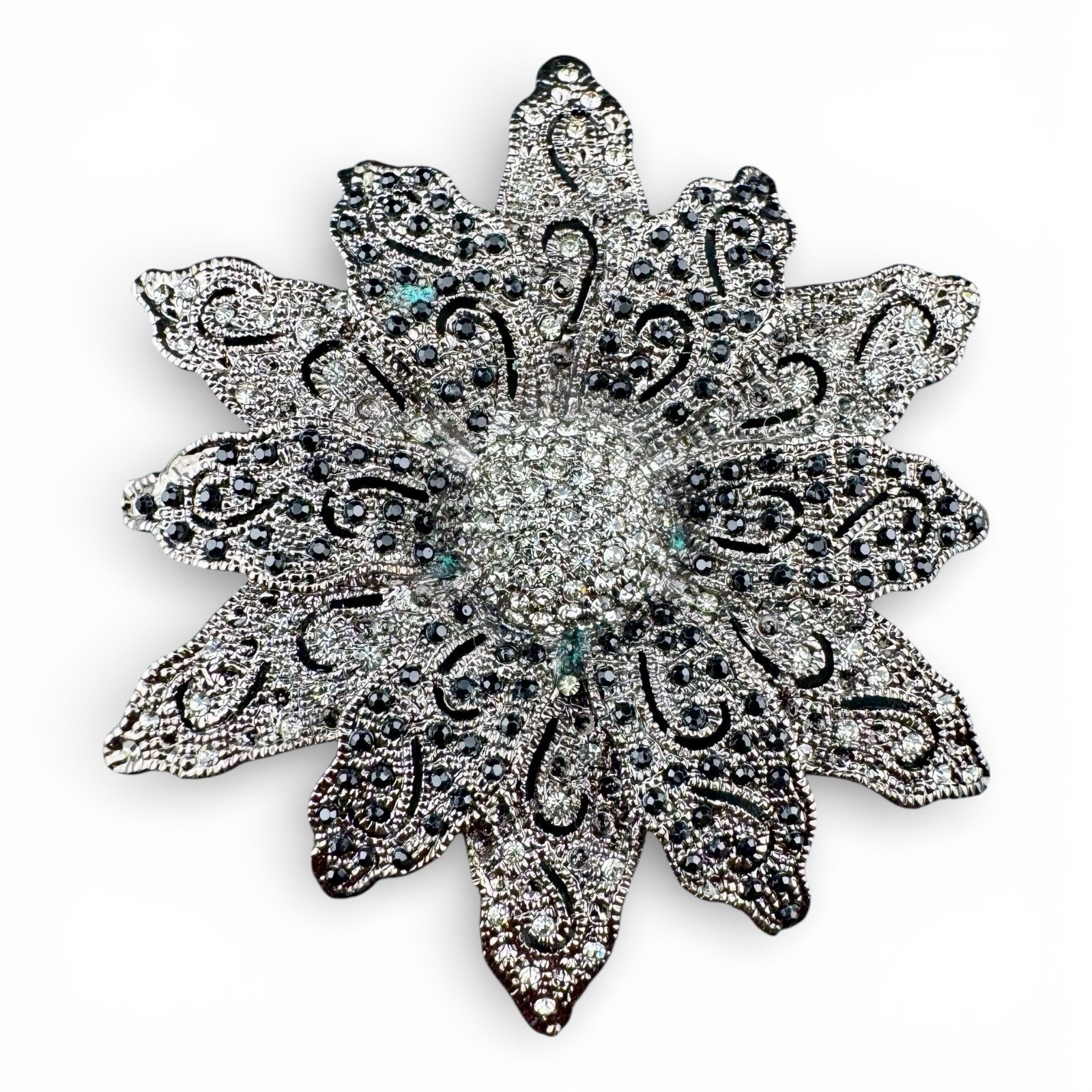 Vintage Silver Tone And Black & Clear Rhinestone Layered Flower Brooch