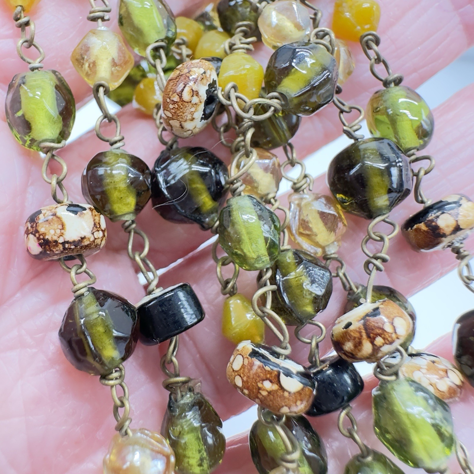 Vintage Art Glass Necklace Earth tones Multi-shape Molded Hand Wired 62″ Opera