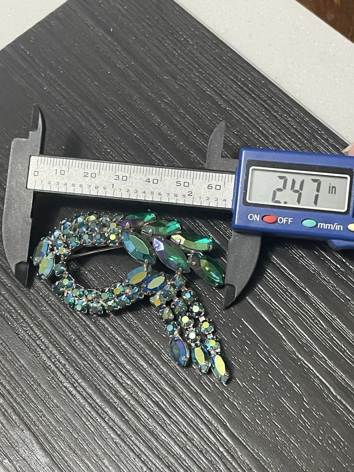 “Blue Lagoon” Style Aurora Borealis Crystal Rhinestone Tassel Brooch Vtg Estate