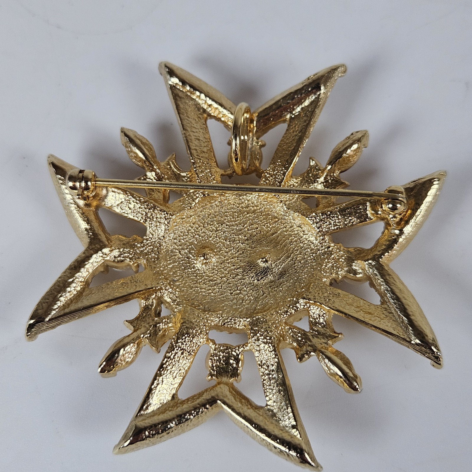 Vintage Maltese Cross Pendant Brooch Gold Red Enamel Pearls Crystals Statement