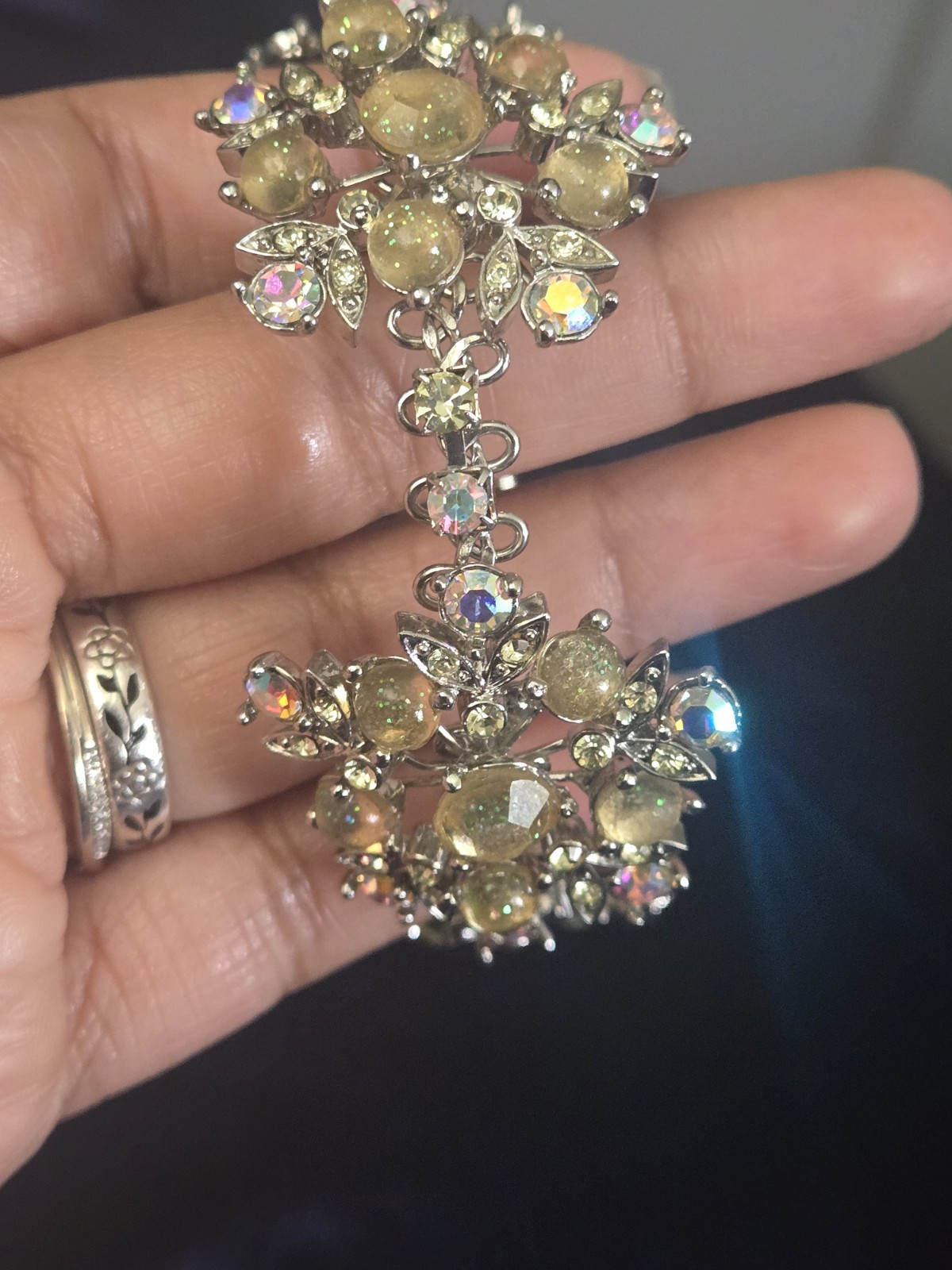 Vintage Tiara Misu Floral Cluster Link Bracelet Silver Tone AB Rhinestones