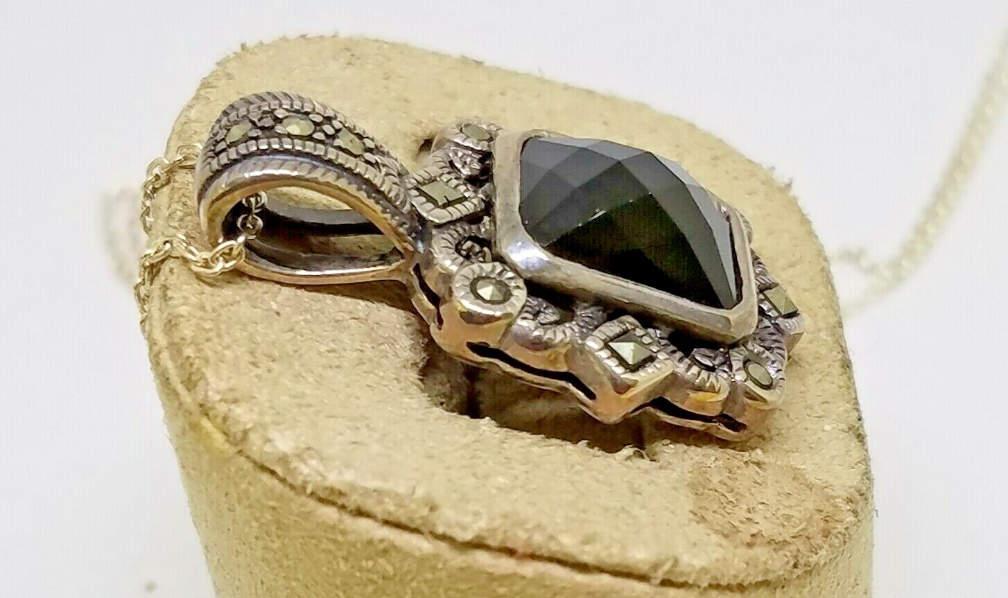 HSN CFJ Sterling Silver Faceted Onyx Marcasite Pendant Necklace ~ 16″