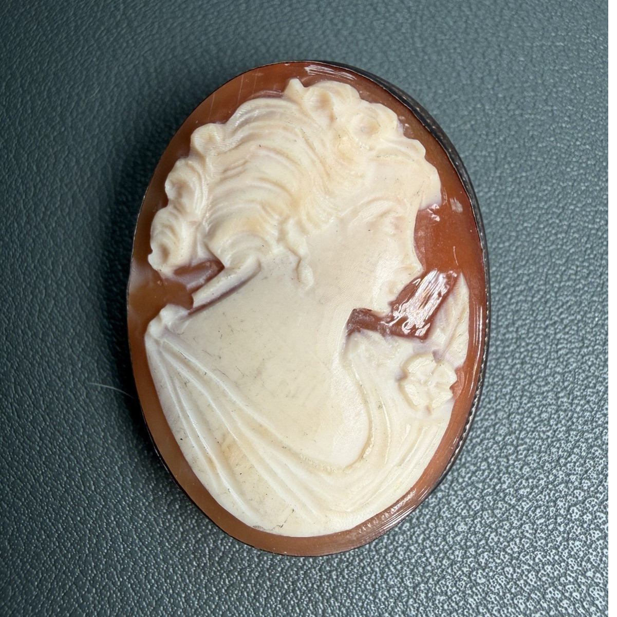 Fine Silver Shell Cameo Brooch Oval Natural Carved Profile Brown White