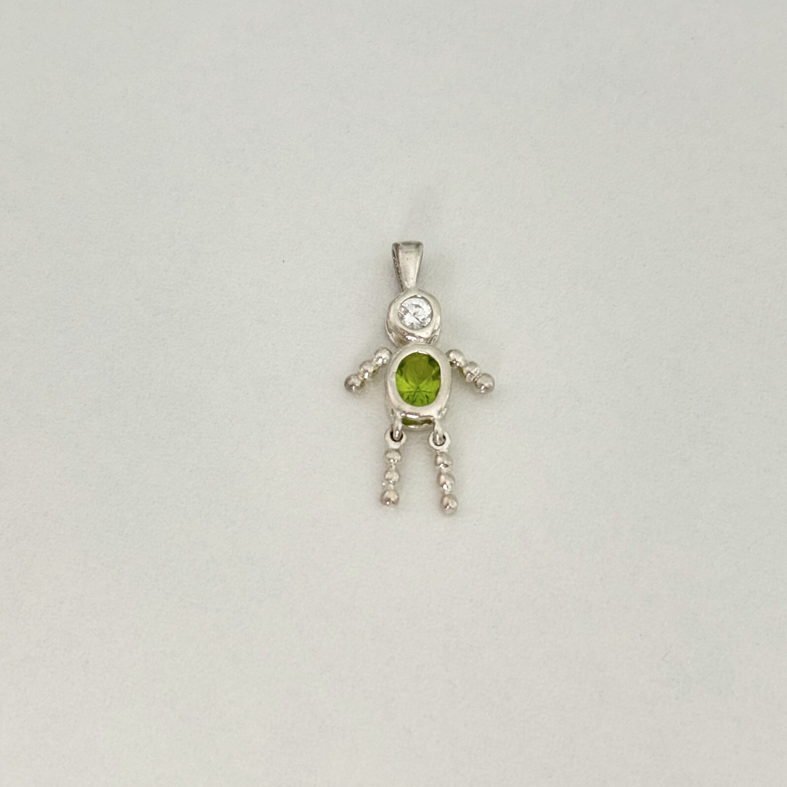 Vintage 925 Sterling Silver Green CZ Movable Stick Figure Person Charm Pendant
