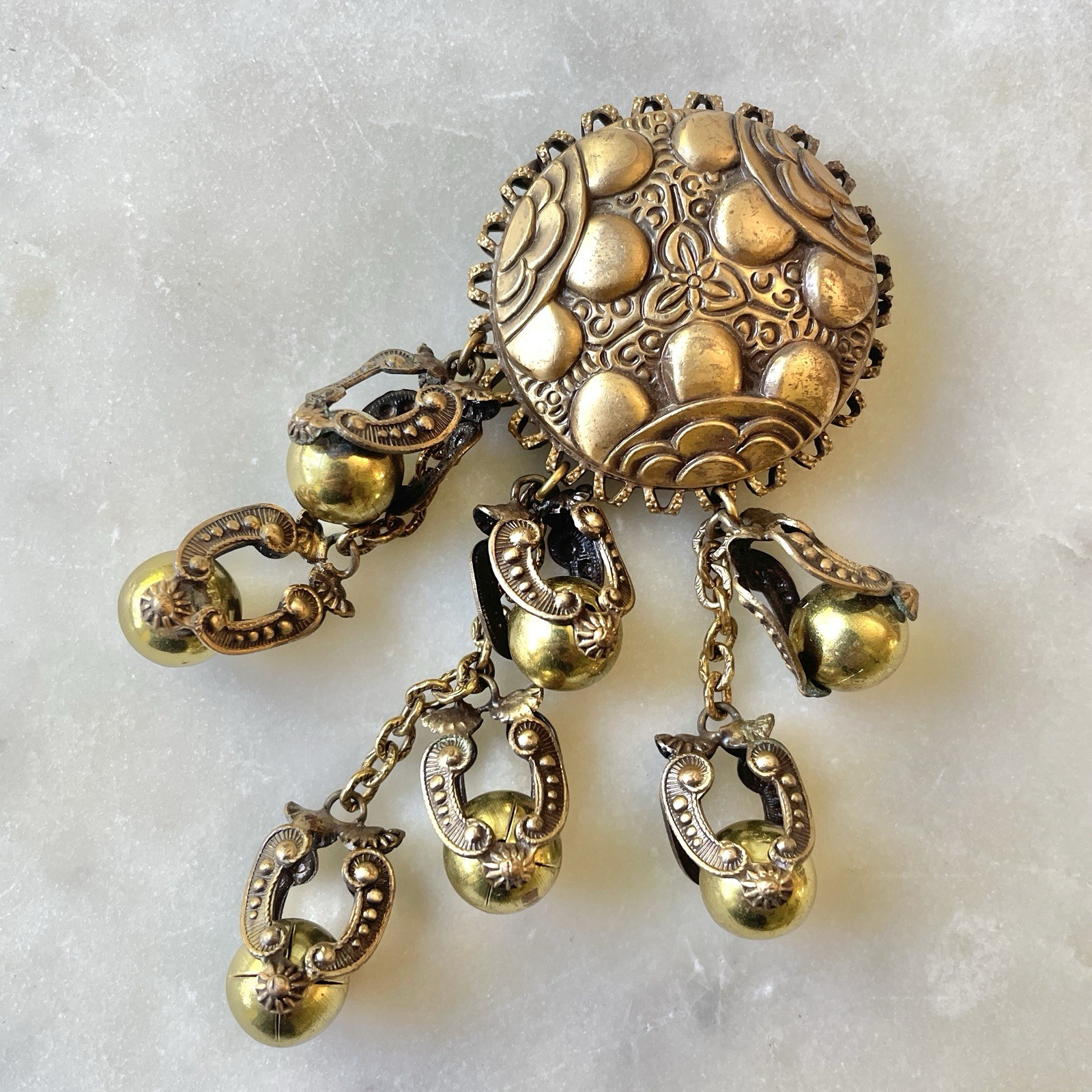 Sterling Button Company NY Brass Repousse Festoon Brooch Unsigned Statement