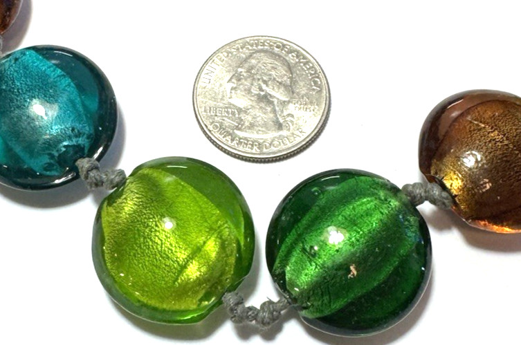 Vintage Jewelry Necklace Large Bubble Glass Beaded Hand Knot Green Blue 13
