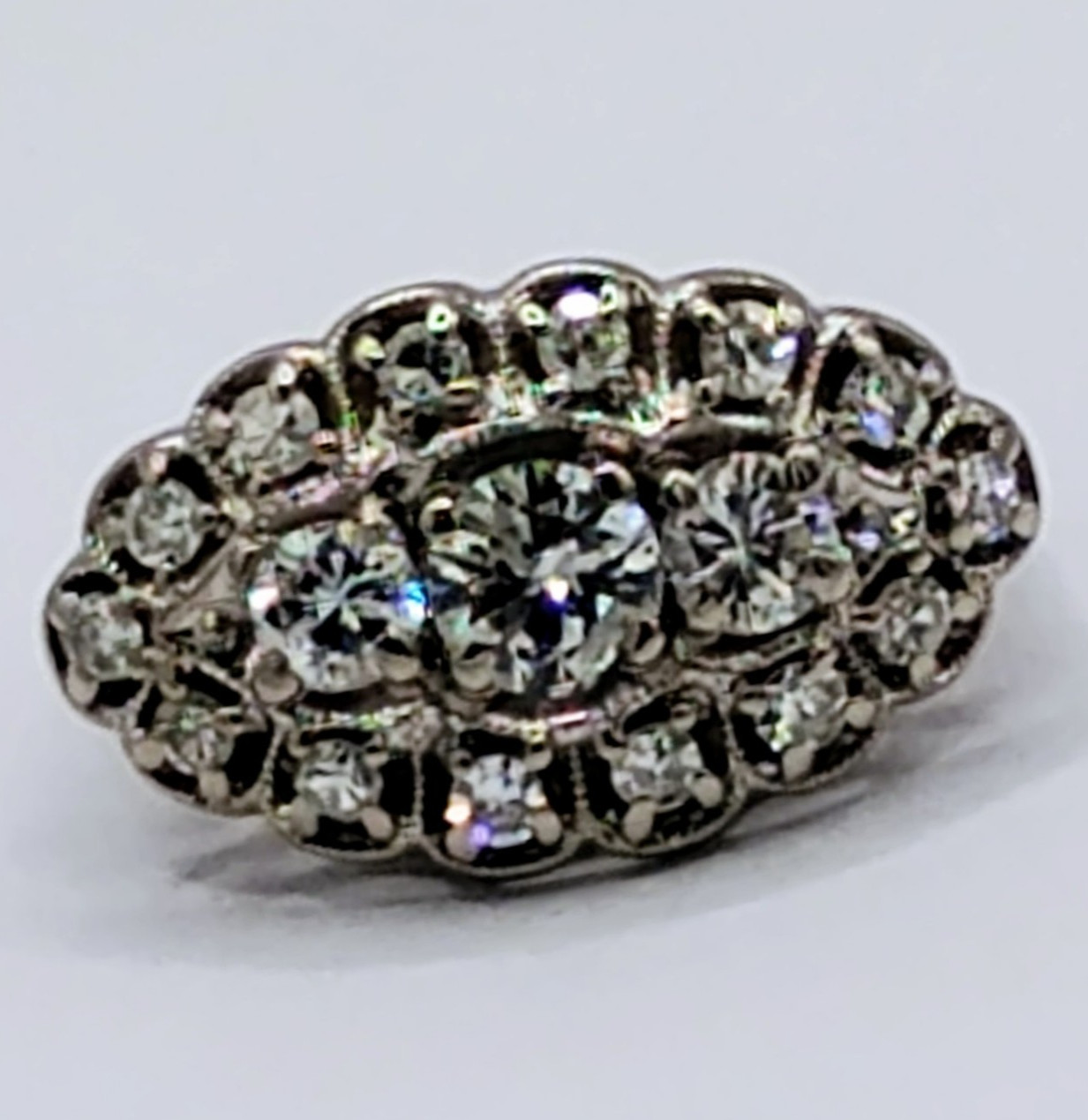 $7,500 1.00ctw ANTIQUE 3-STONE HALO WOMANS 14K WHITE GOLD THREE ROW DIAMOND RING