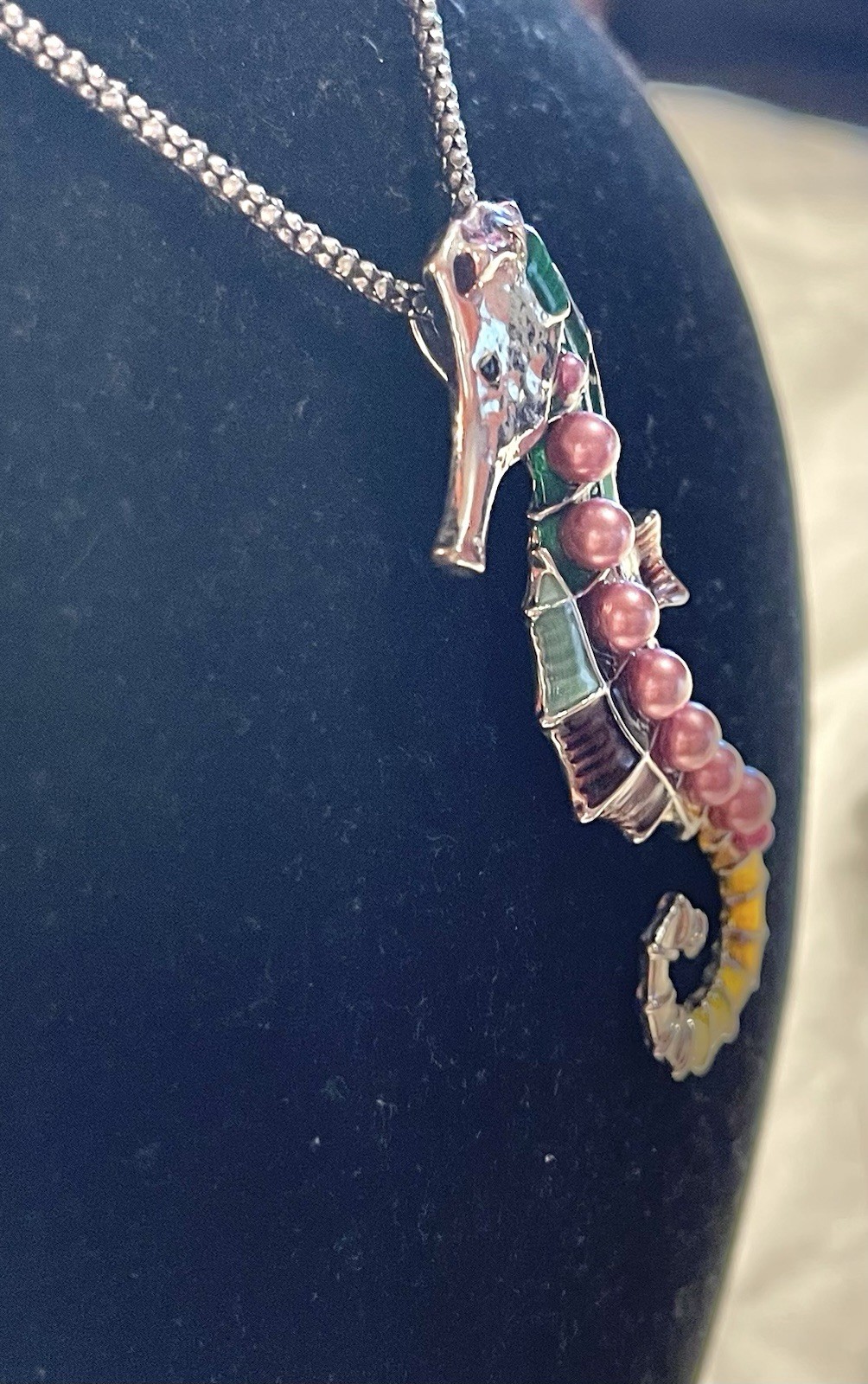 Vintage Colorful Seahorse Pendant Necklace Silver Tone & Enamel Pink Bead Charm