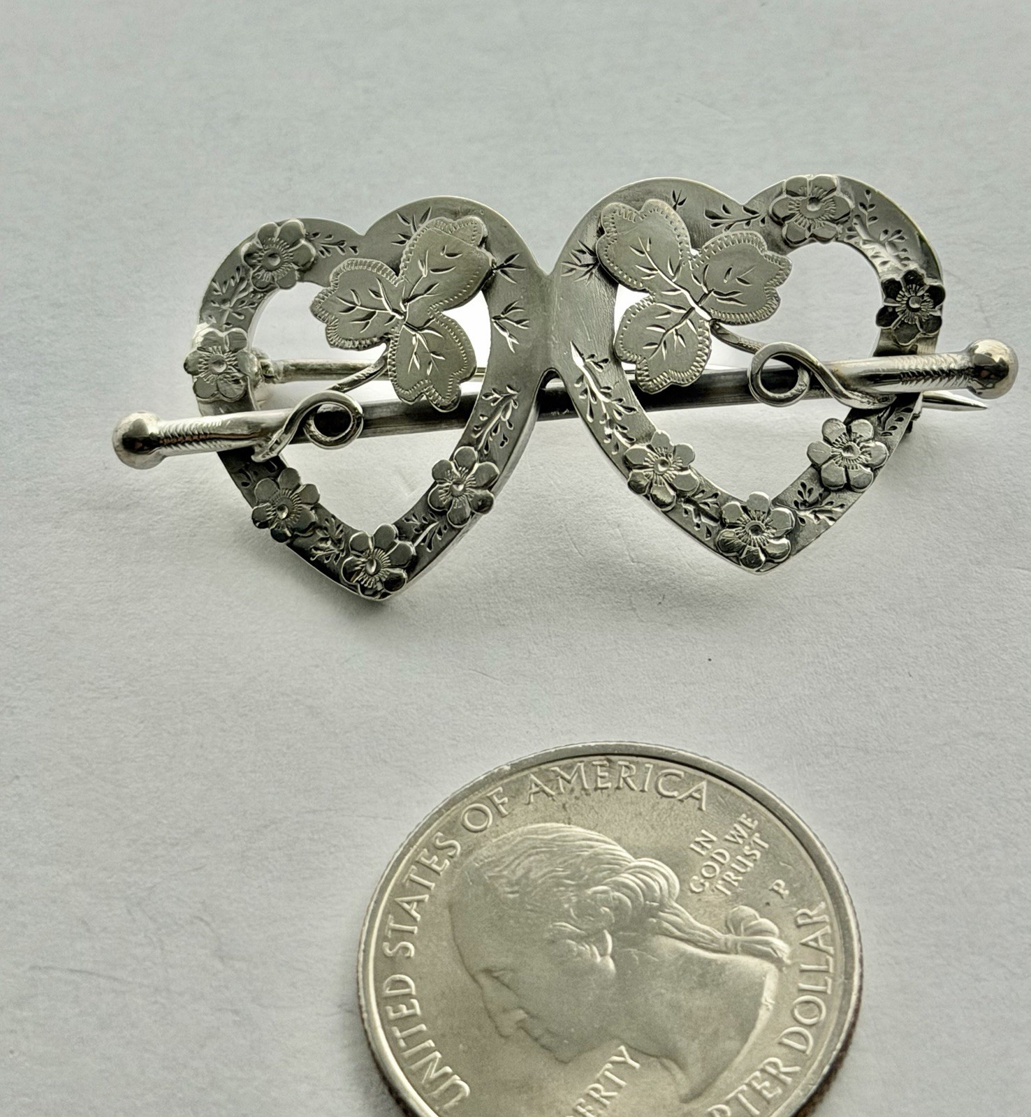 Victorian Sweetheart Entwined Hearts & Clover Sterling Hallmarked Brooch 1891
